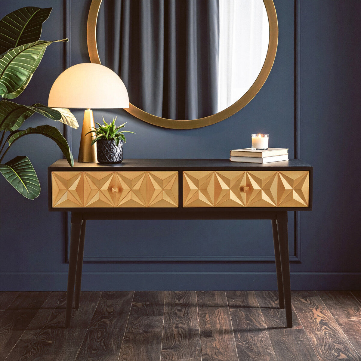 Orsina Malta Black Mango Wood Console Table with Gold Star Drawers