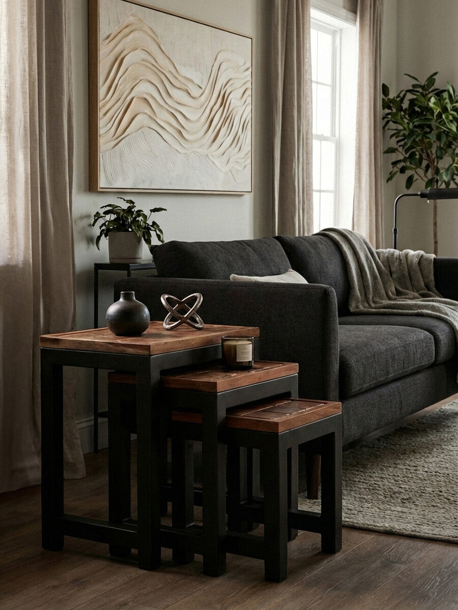 Orsina Acacia Wood Nesting Tables – Set of 3 with Black Metal Legs