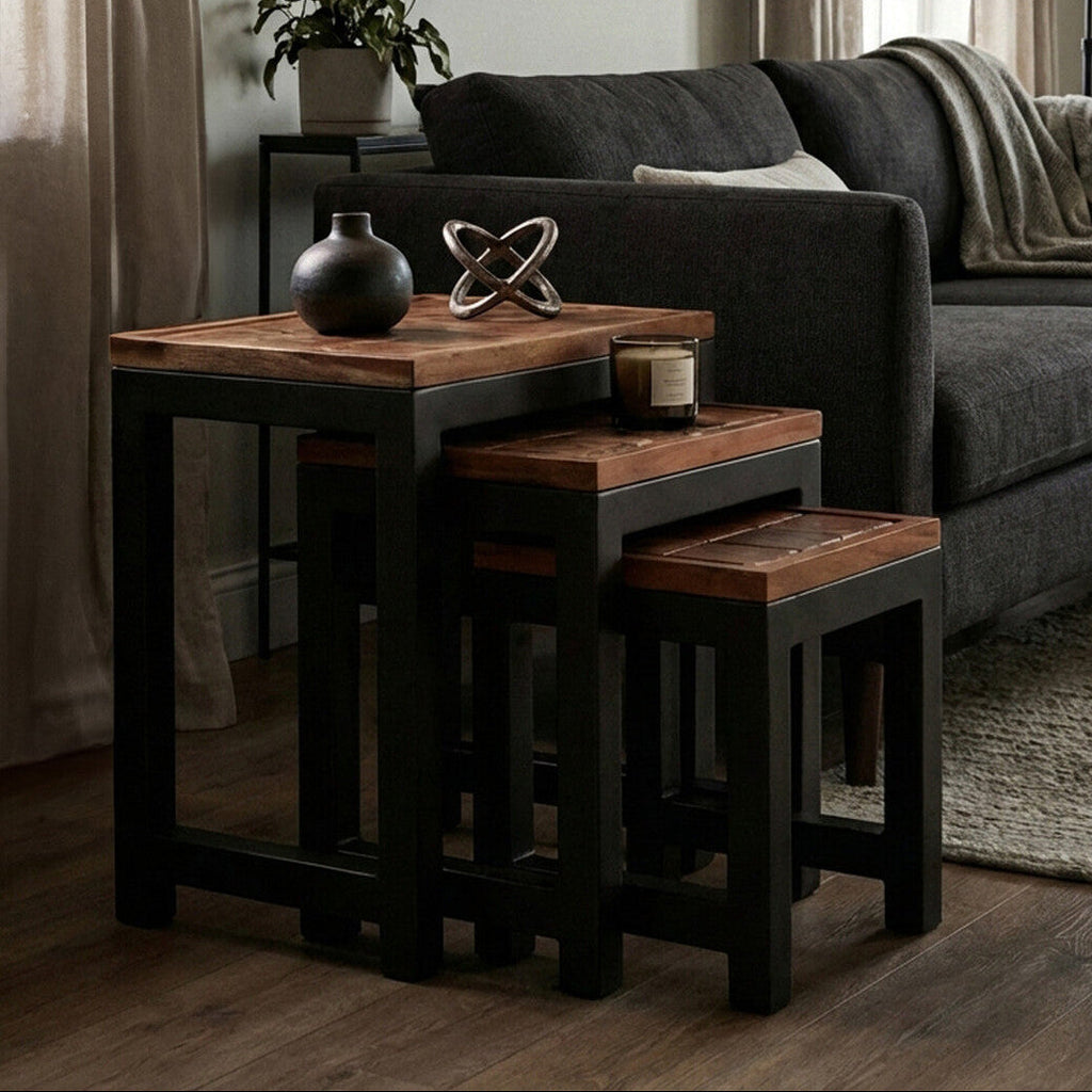 Orsina Acacia Wood Nesting Tables – Set of 3 with Black Metal Legs