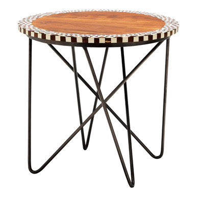 Orsina Round Acacia Wood Side Table – Geometric Black Metal Base