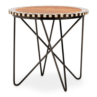 Orsina Round Acacia Wood Side Table – Geometric Black Metal Base