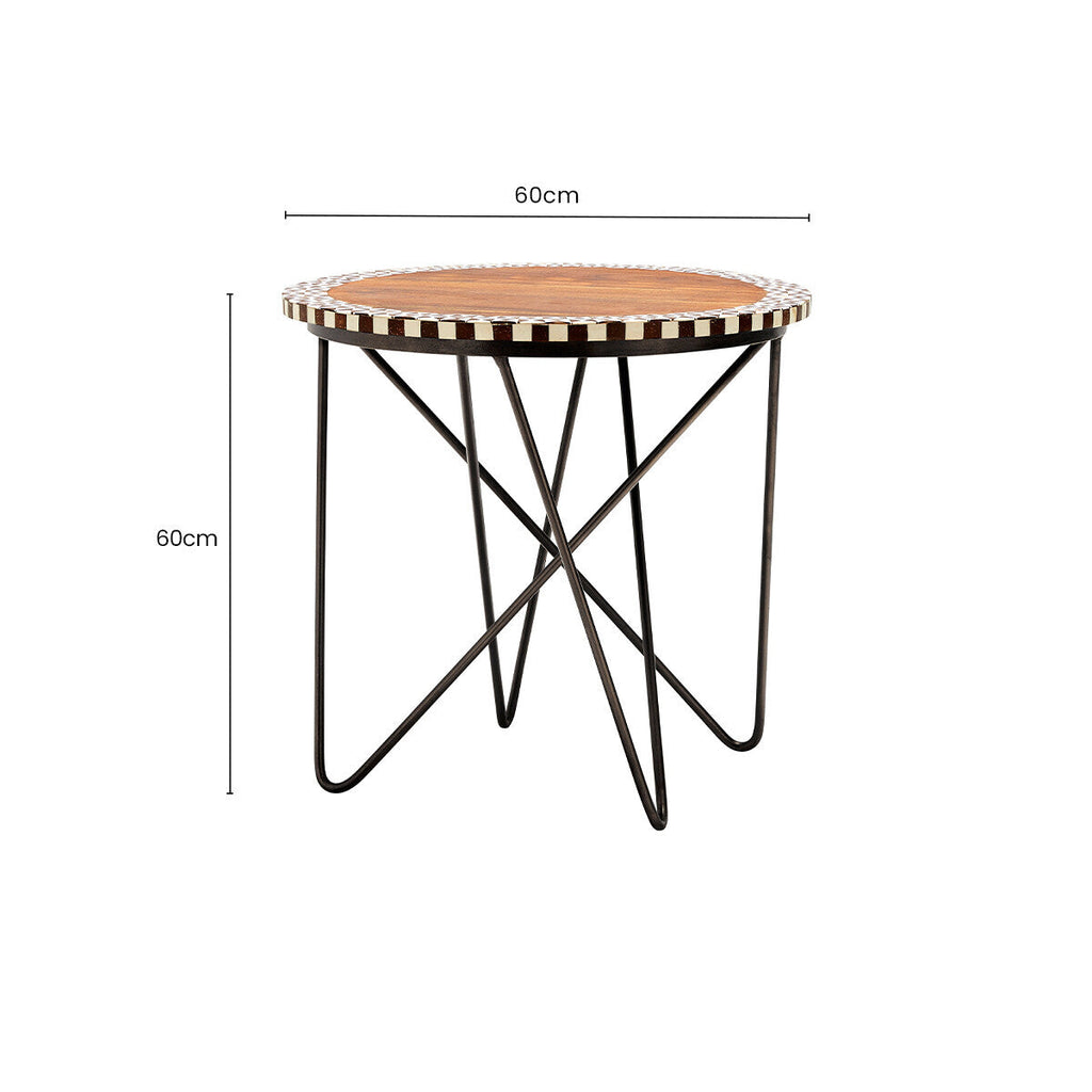 Orsina Round Acacia Wood Side Table – Geometric Black Metal Base
