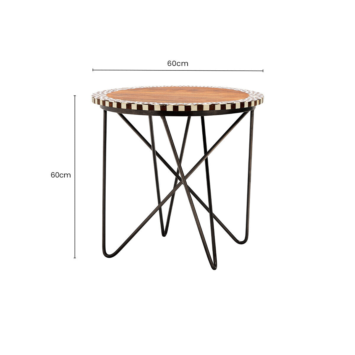 Orsina Round Acacia Wood Side Table – Geometric Black Metal Base