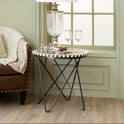 Orsina Round Acacia Wood Side Table – Geometric Black Metal Base