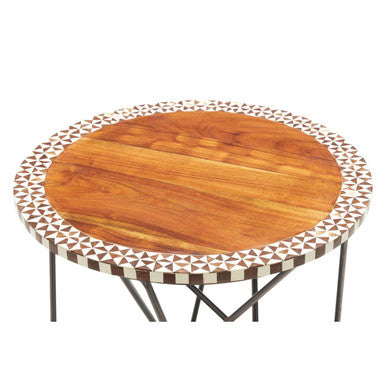 Orsina Round Acacia Wood Side Table – Geometric Black Metal Base