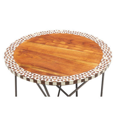 Orsina Round Acacia Wood Side Table – Geometric Black Metal Base