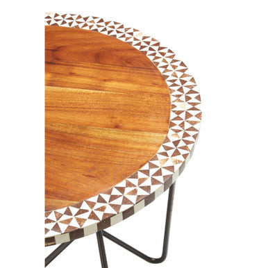 Orsina Round Acacia Wood Side Table – Geometric Black Metal Base