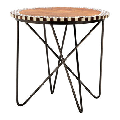 Orsina Round Acacia Wood Side Table – Geometric Black Metal Base