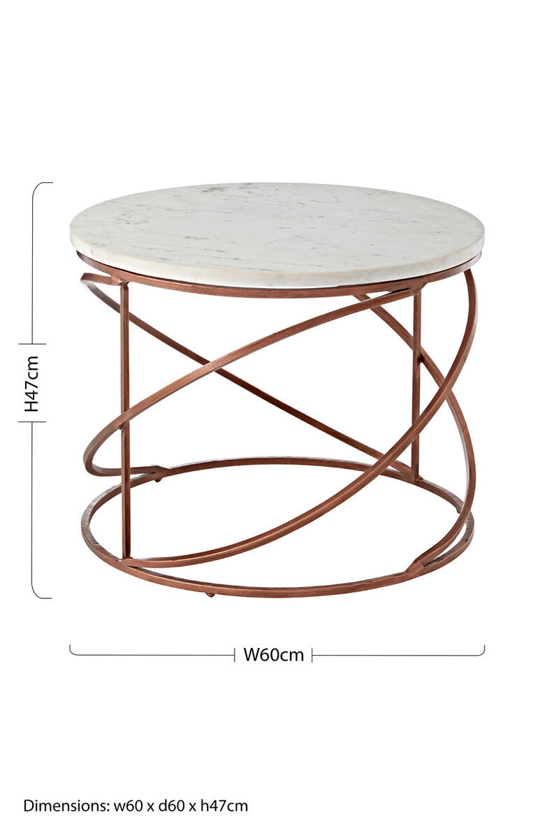 Orsina Nirav Round Marble Coffee Table – White & Copper Iron Frame