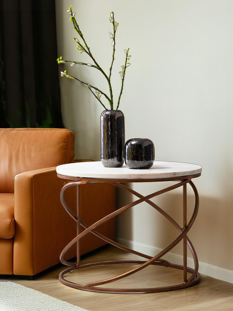 Orsina Nirav Round Marble Coffee Table – White & Copper Iron Frame