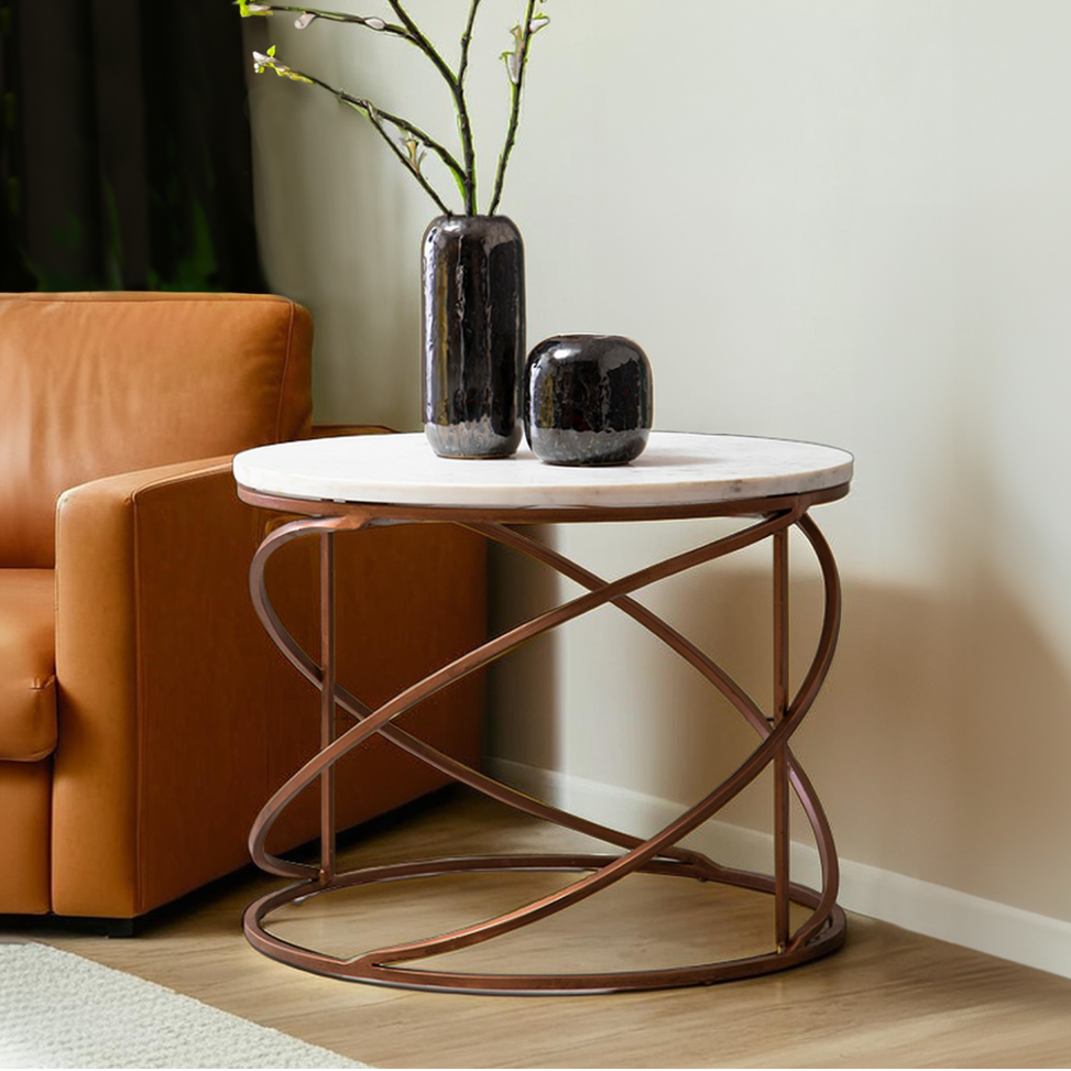 Orsina Nirav Round Marble Coffee Table – White & Copper Iron Frame
