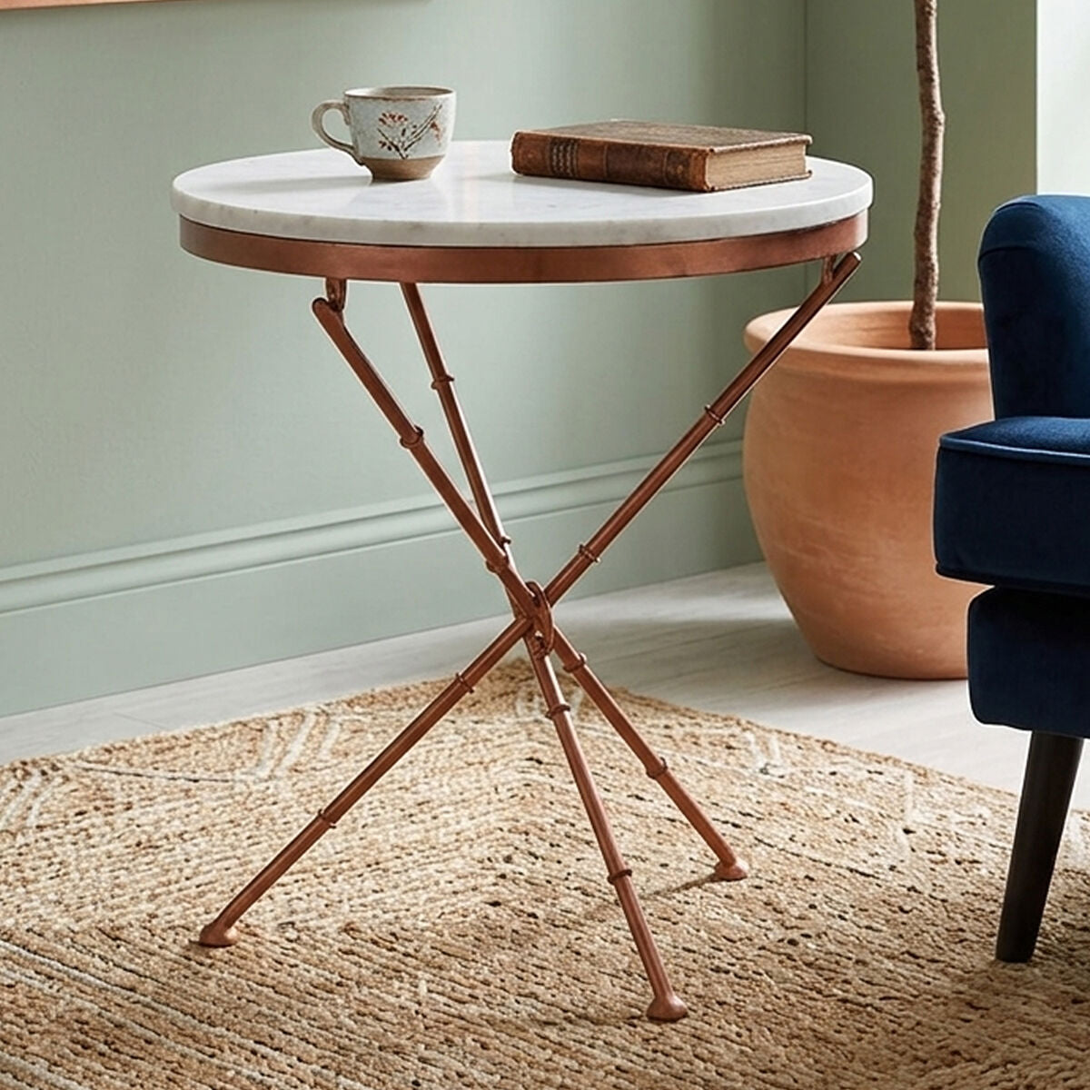 Orsina Nirav White Marble Side Table – Copper Cross Leg Accent Table