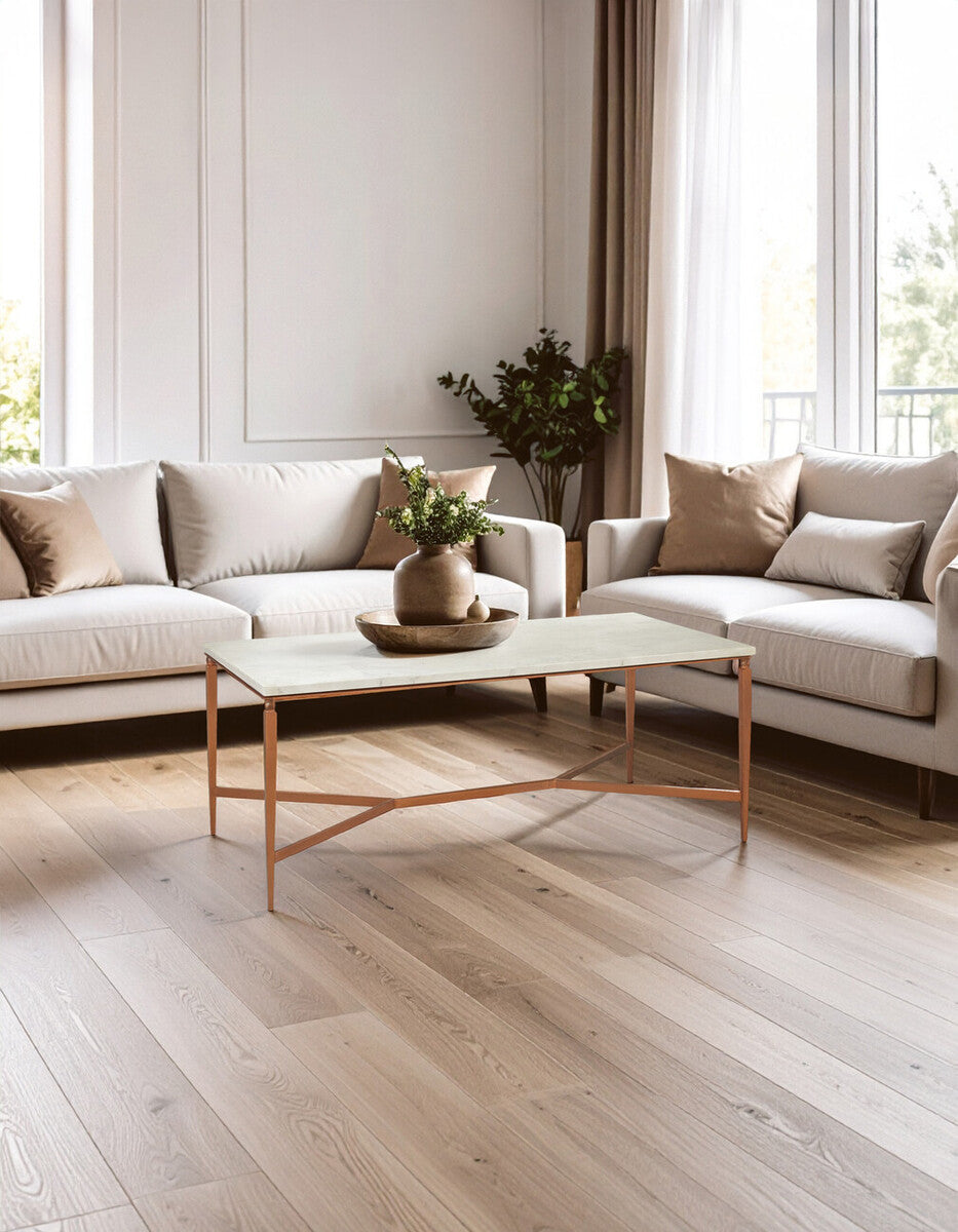 Orsina Nirav White Marble Coffee Table with Copper Iron Legs