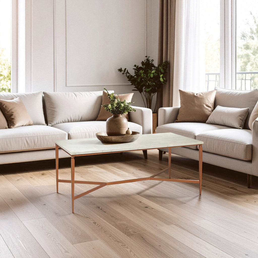 Orsina Nirav White Marble Coffee Table with Copper Iron Legs