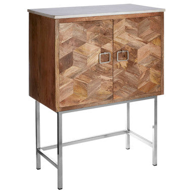Orsina Nirav Geometric Wood Cabinet with White Marble Top and Iron Legs