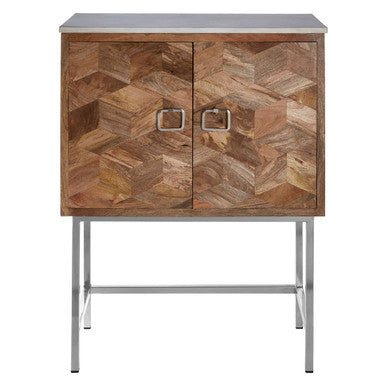 Orsina Nirav Geometric Wood Cabinet with White Marble Top and Iron Legs