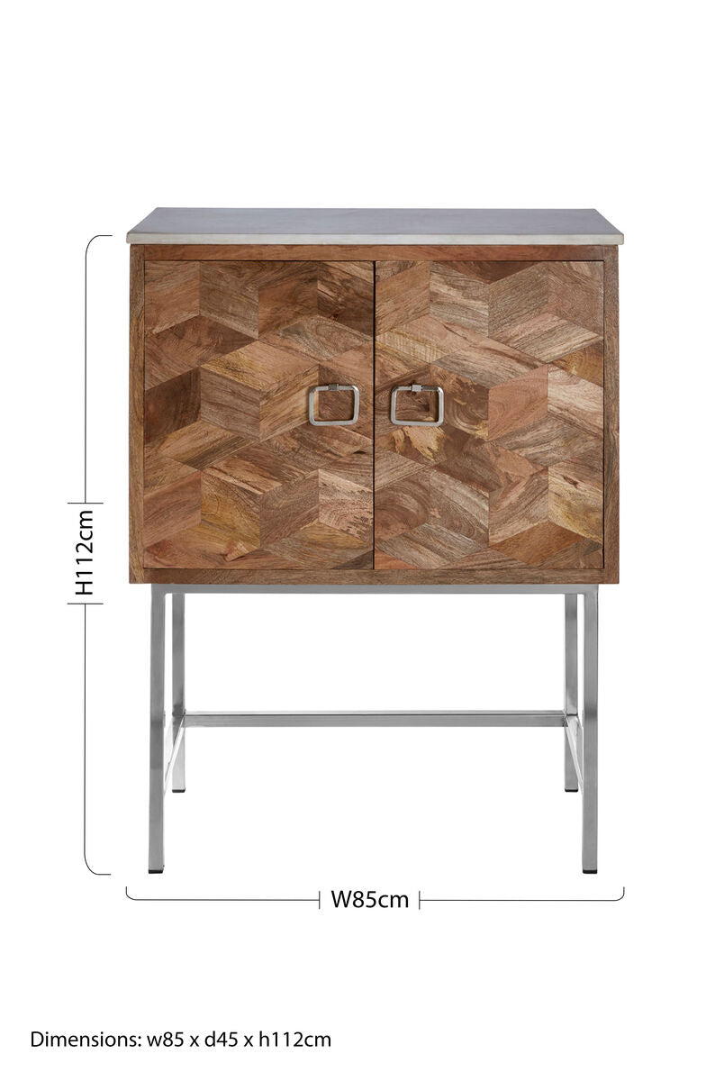 Orsina Nirav Geometric Wood Cabinet with White Marble Top and Iron Legs