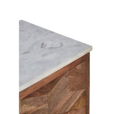 Orsina Nirav Geometric Wood Cabinet with White Marble Top and Iron Legs