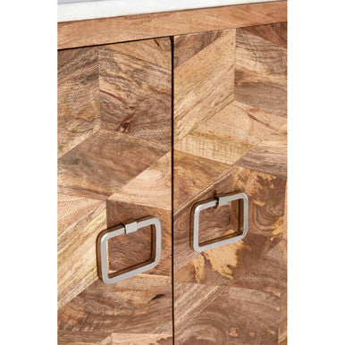Orsina Nirav Geometric Wood Cabinet with White Marble Top and Iron Legs