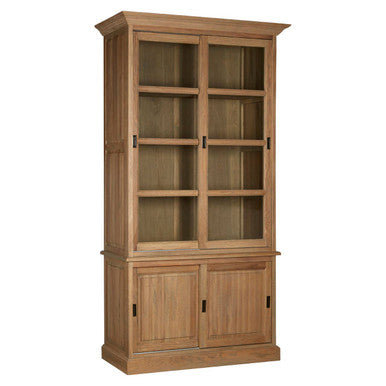 Orsina Lyon Oak Wood Tall Cabinet – Sliding Glass Doors & Grey Finish