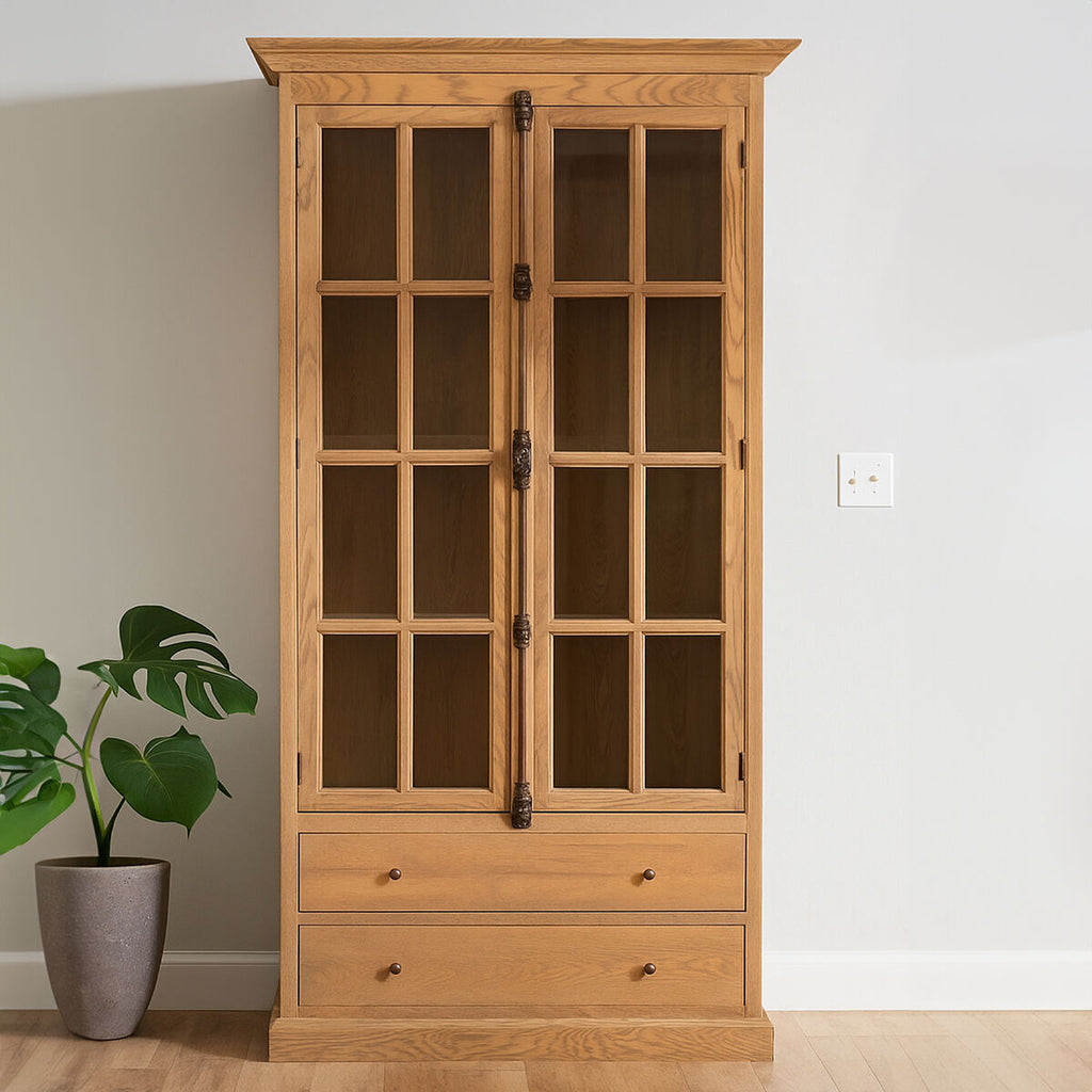 Orsina Lyon Tall Oak Wood Display Cabinet with Glass – Washed Grey