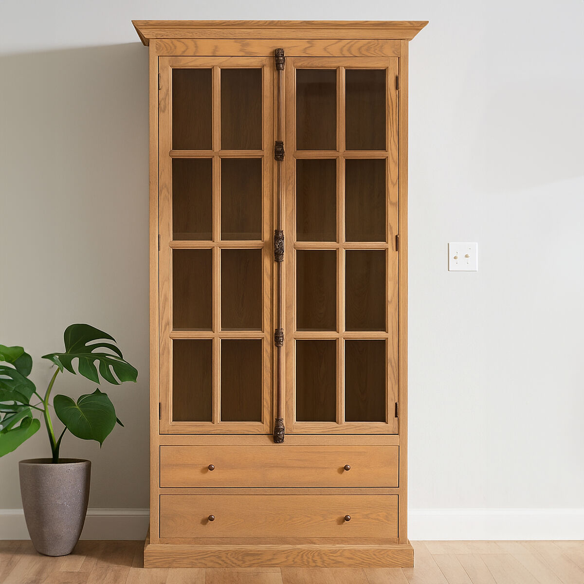 Orsina Lyon Tall Oak Wood Display Cabinet with Glass – Washed Grey