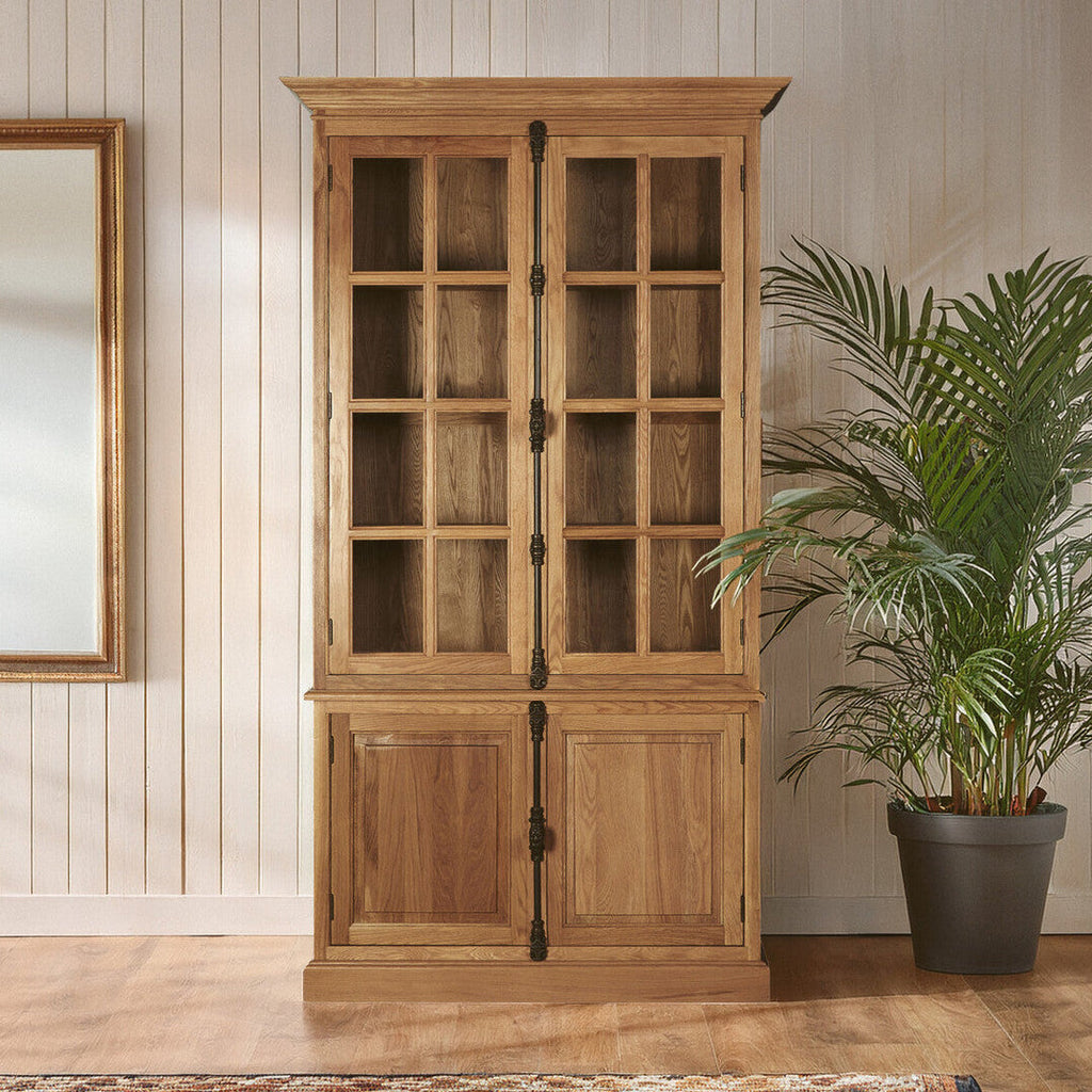 Orsina Lyon Natural Oak Wood Tall Display Cabinet with Glass Doors