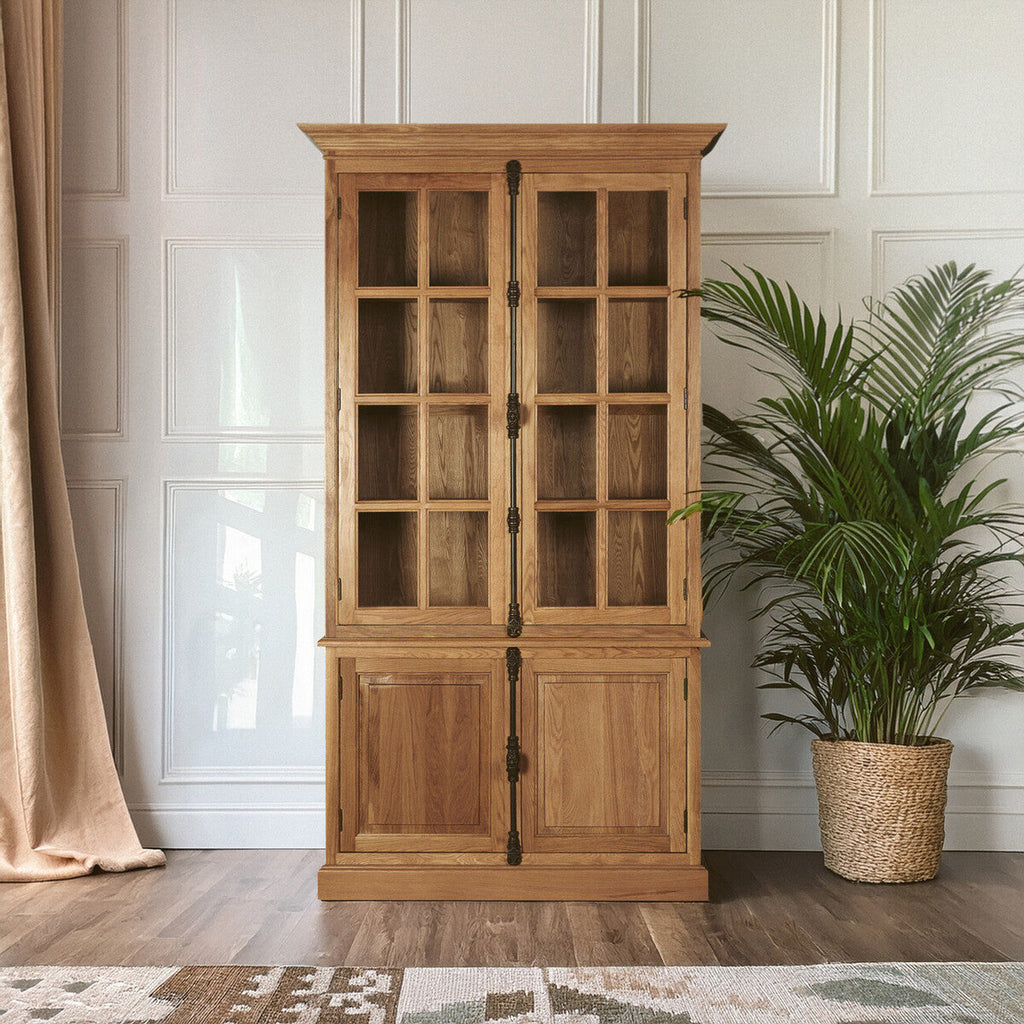Orsina Lyon Natural Oak Wood Tall Display Cabinet with Glass Doors