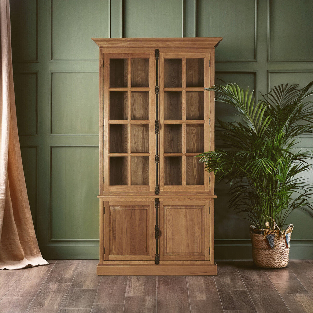 Orsina Lyon Natural Oak Wood Tall Display Cabinet with Glass Doors