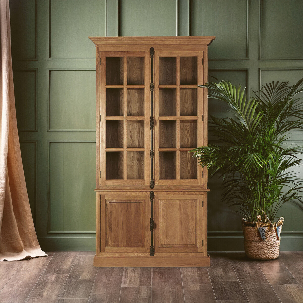 Orsina Lyon Natural Oak Wood Tall Display Cabinet with Glass Doors