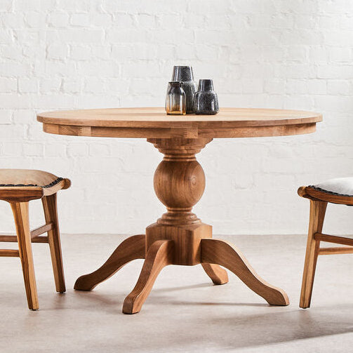 Orsina Lyon Round Natural Oak Wood Dining Table with Pedestal Base