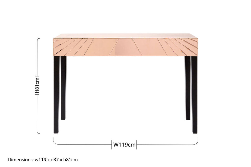 Orsina Rose Gold Mirrored Console Table – Sunburst Engraved Entryway