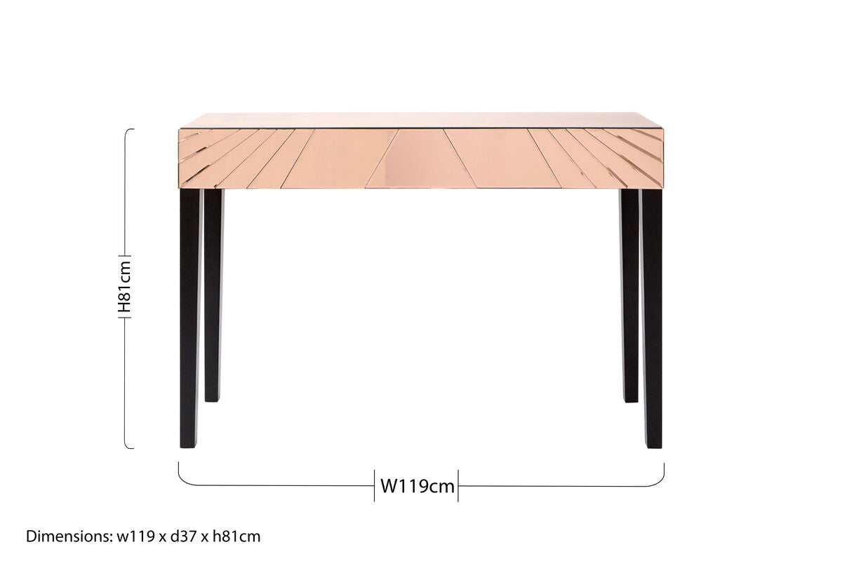 Orsina Rose Gold Mirrored Console Table – Sunburst Engraved Entryway