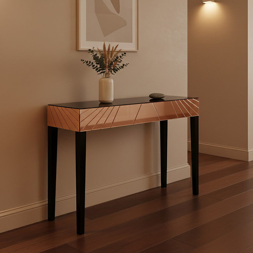 Orsina Rose Gold Mirrored Console Table – Sunburst Engraved Entryway