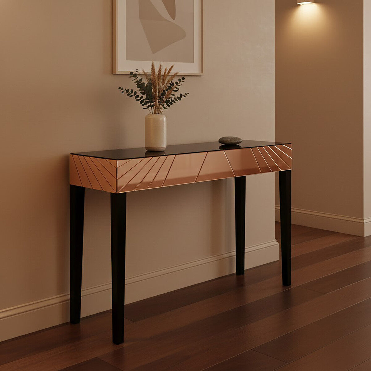 Orsina Rose Gold Mirrored Console Table – Sunburst Engraved Entryway