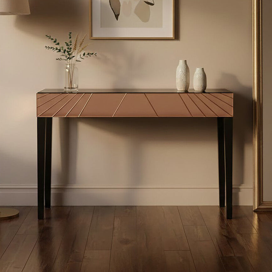 Orsina Rose Gold Mirrored Console Table – Sunburst Engraved Entryway