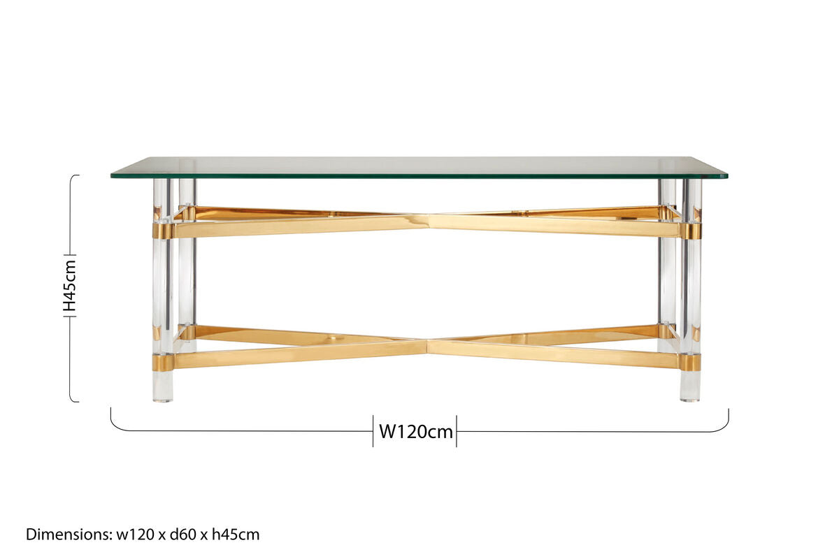 Orsina Clarence Glass Coffee Table | Clear Acrylic & Gold Metal Frame