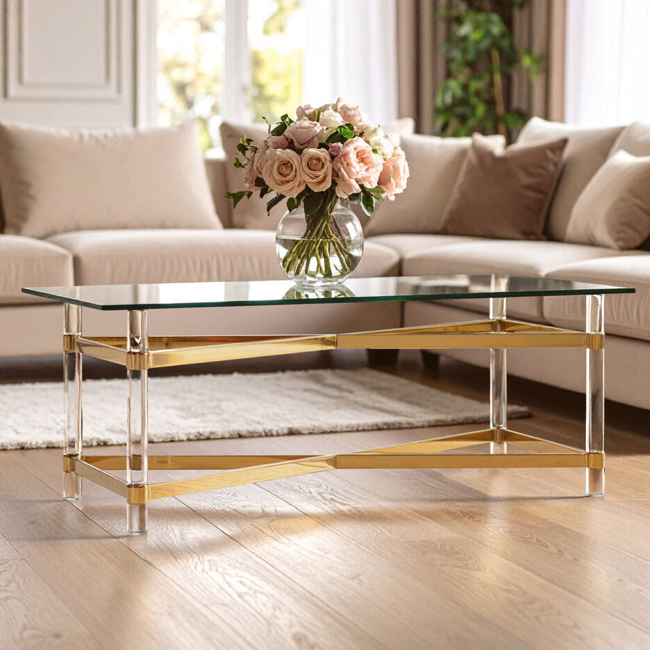 Orsina Clarence Glass Coffee Table | Clear Acrylic & Gold Metal Frame