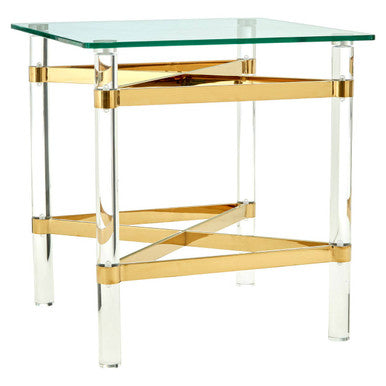 Orsina Clarence Glass Side Table – Acrylic Legs & Gold Metal Frame