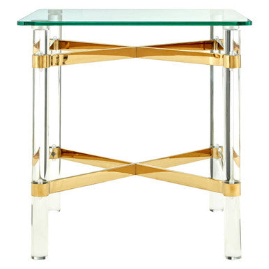 Orsina Clarence Glass Side Table – Acrylic Legs & Gold Metal Frame