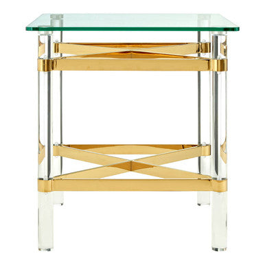 Orsina Clarence Glass Side Table – Acrylic Legs & Gold Metal Frame
