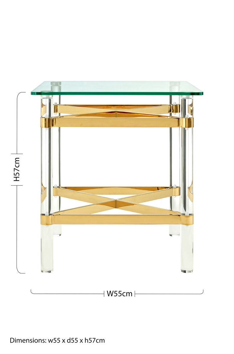 Orsina Clarence Glass Side Table – Acrylic Legs & Gold Metal Frame