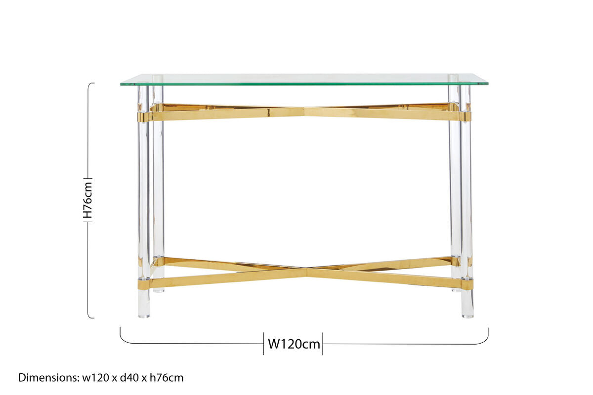 Orsina Clarence Console Table – Clear Glass & Gold Acrylic Legs