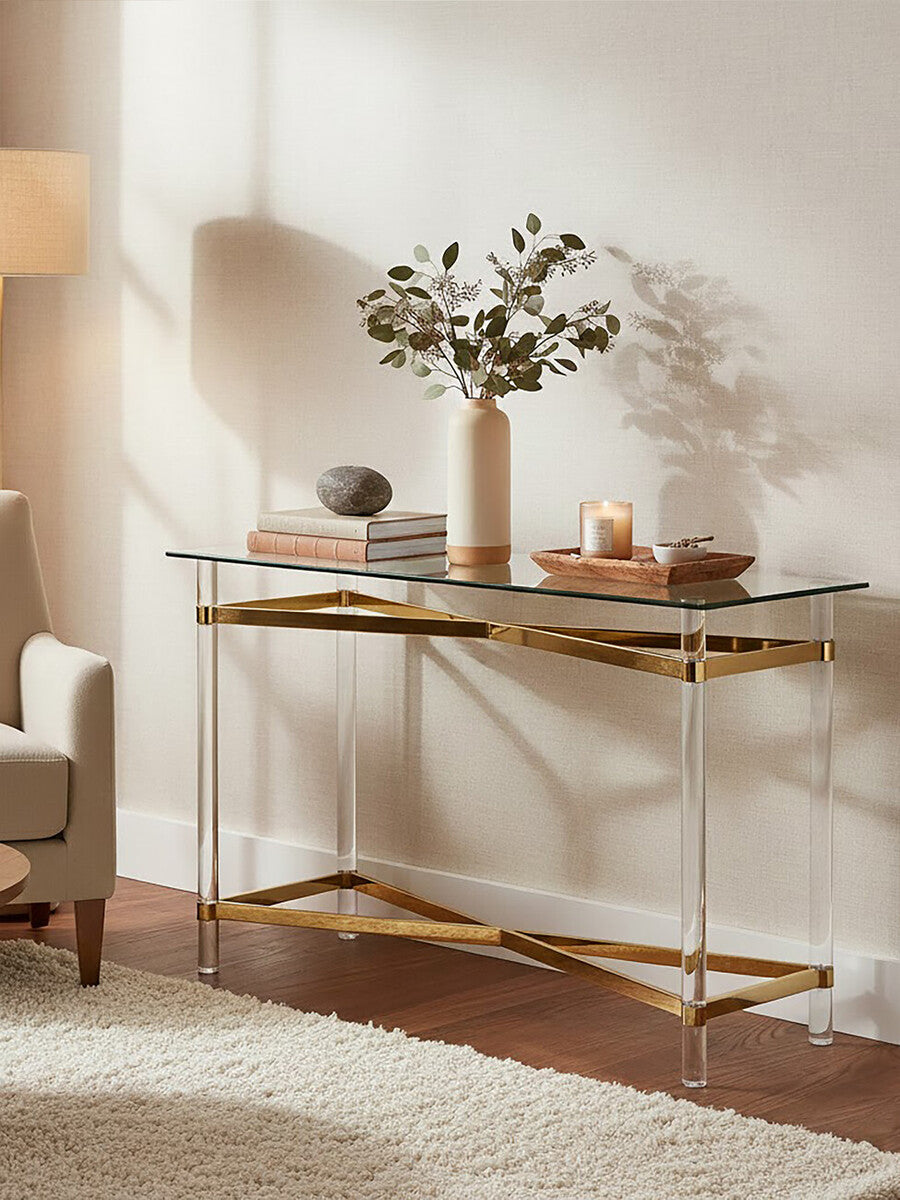 Orsina Clarence Console Table – Clear Glass & Gold Acrylic Legs