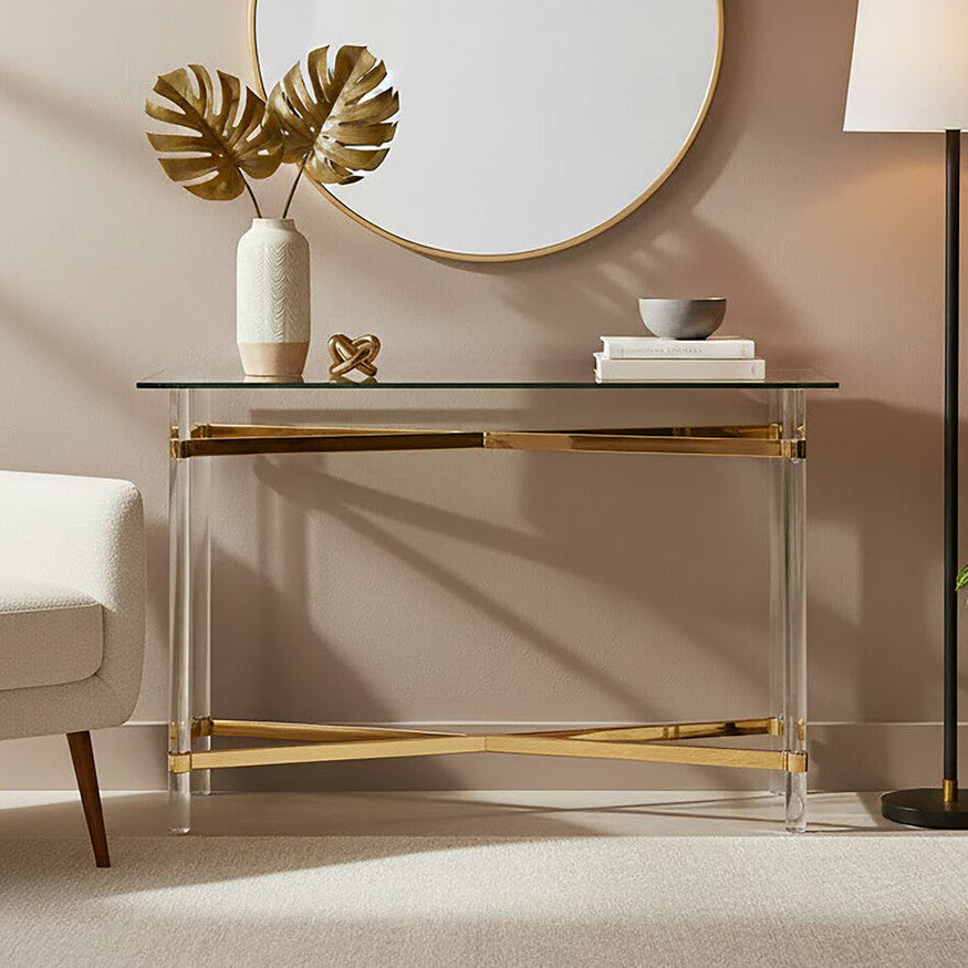 Orsina Clarence Console Table – Clear Glass & Gold Acrylic Legs