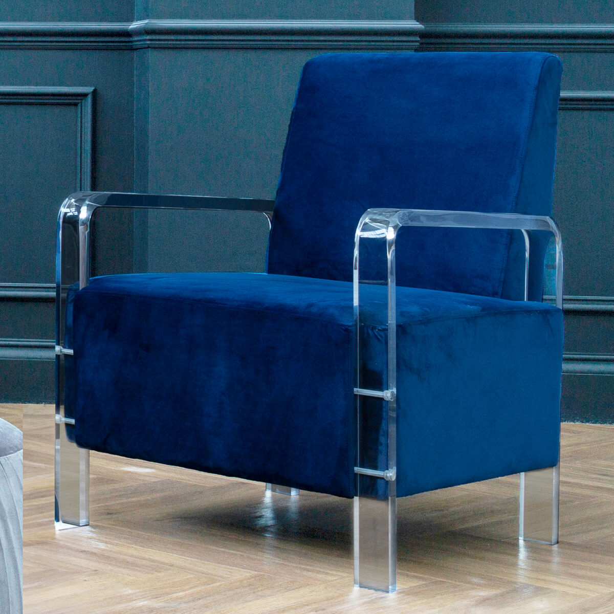 Orsina Clarence Navy Blue Velvet Armchair | Modern Clear Frame Seat