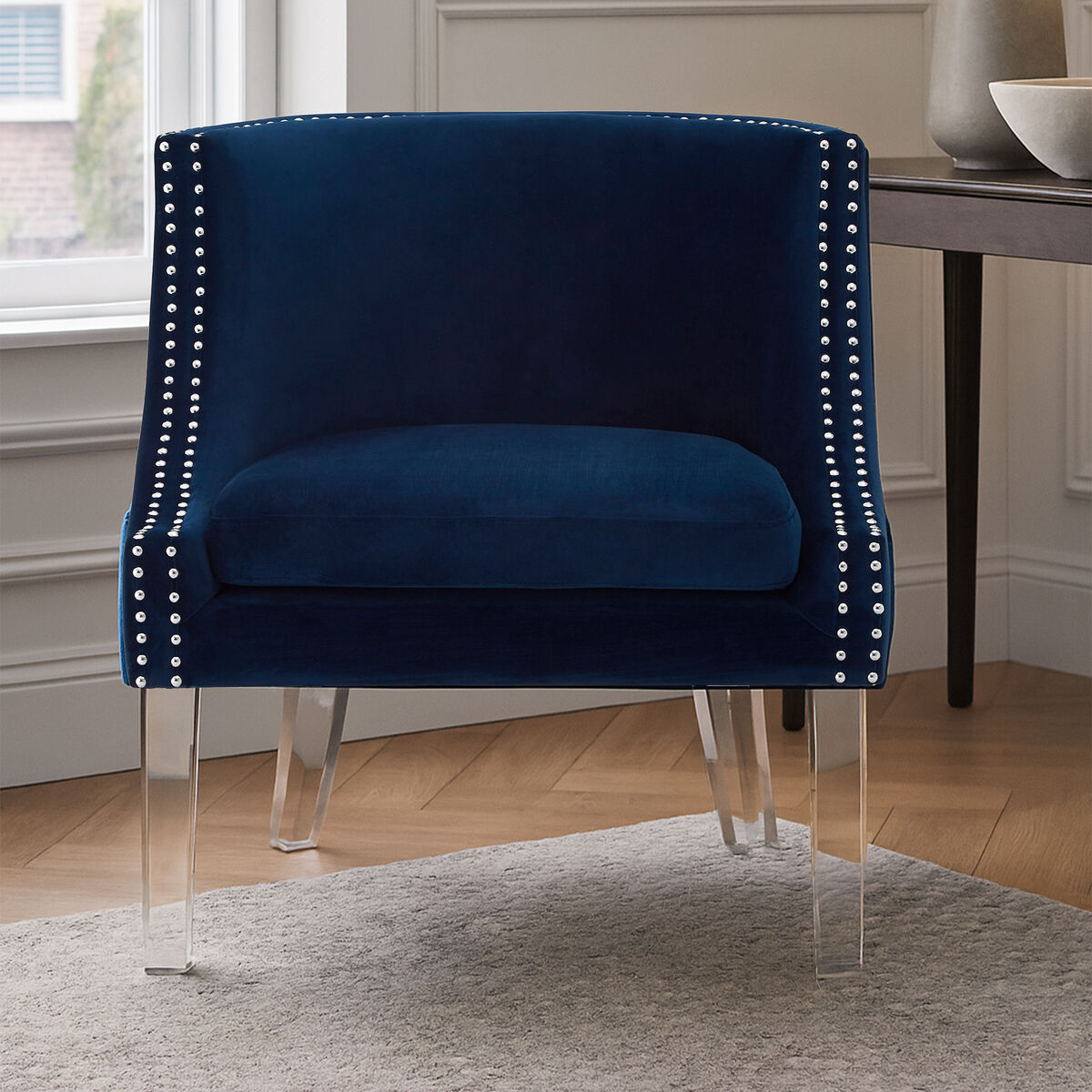 Orsina Clarence Navy Blue Velvet Accent Chair with Acrylic Legs