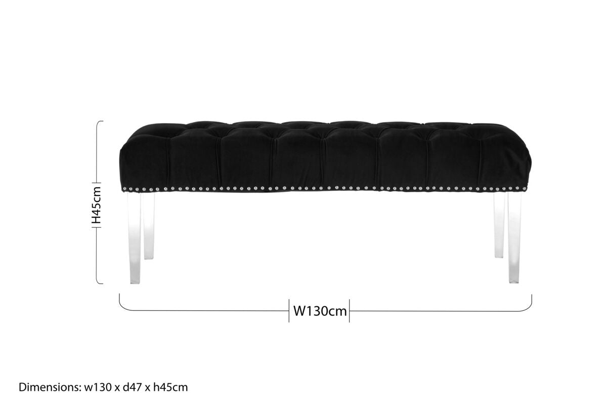 Orsina Clarence Black Velvet Bench | Tufted Seat with Acrylic Legs