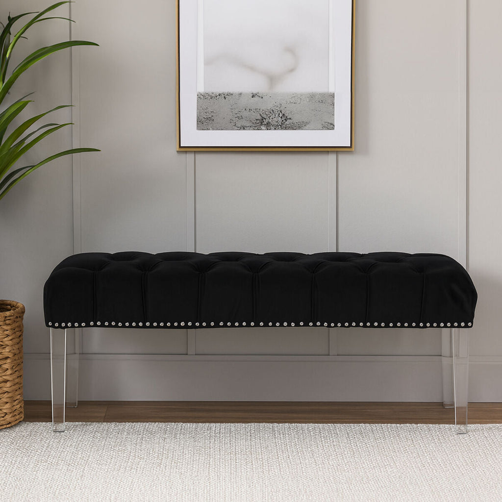 Orsina Clarence Black Velvet Bench | Tufted Seat with Acrylic Legs