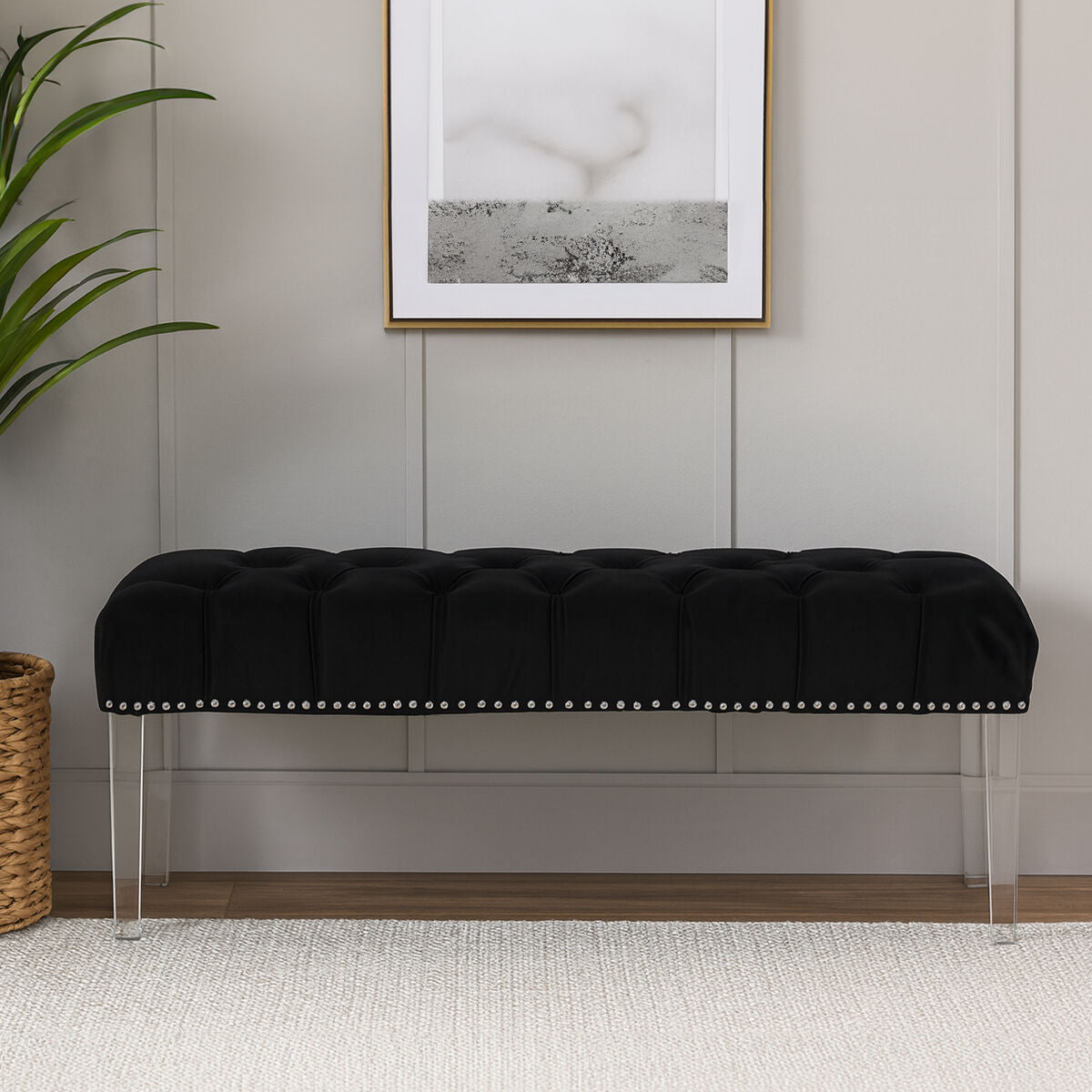 Orsina Clarence Black Velvet Bench | Tufted Seat with Acrylic Legs